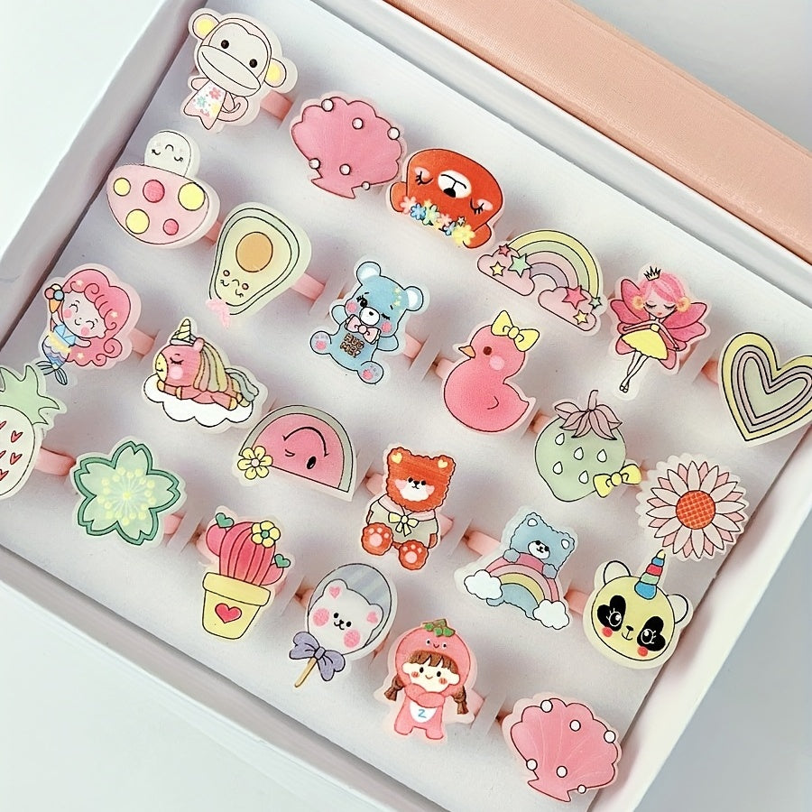 24pcs Cartoon Rings for Little Girls Assorted Cute Designs