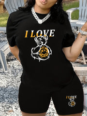 Letter & Bear Print Two Piece Set Casual T shirt & Biker Shorts Outfits
