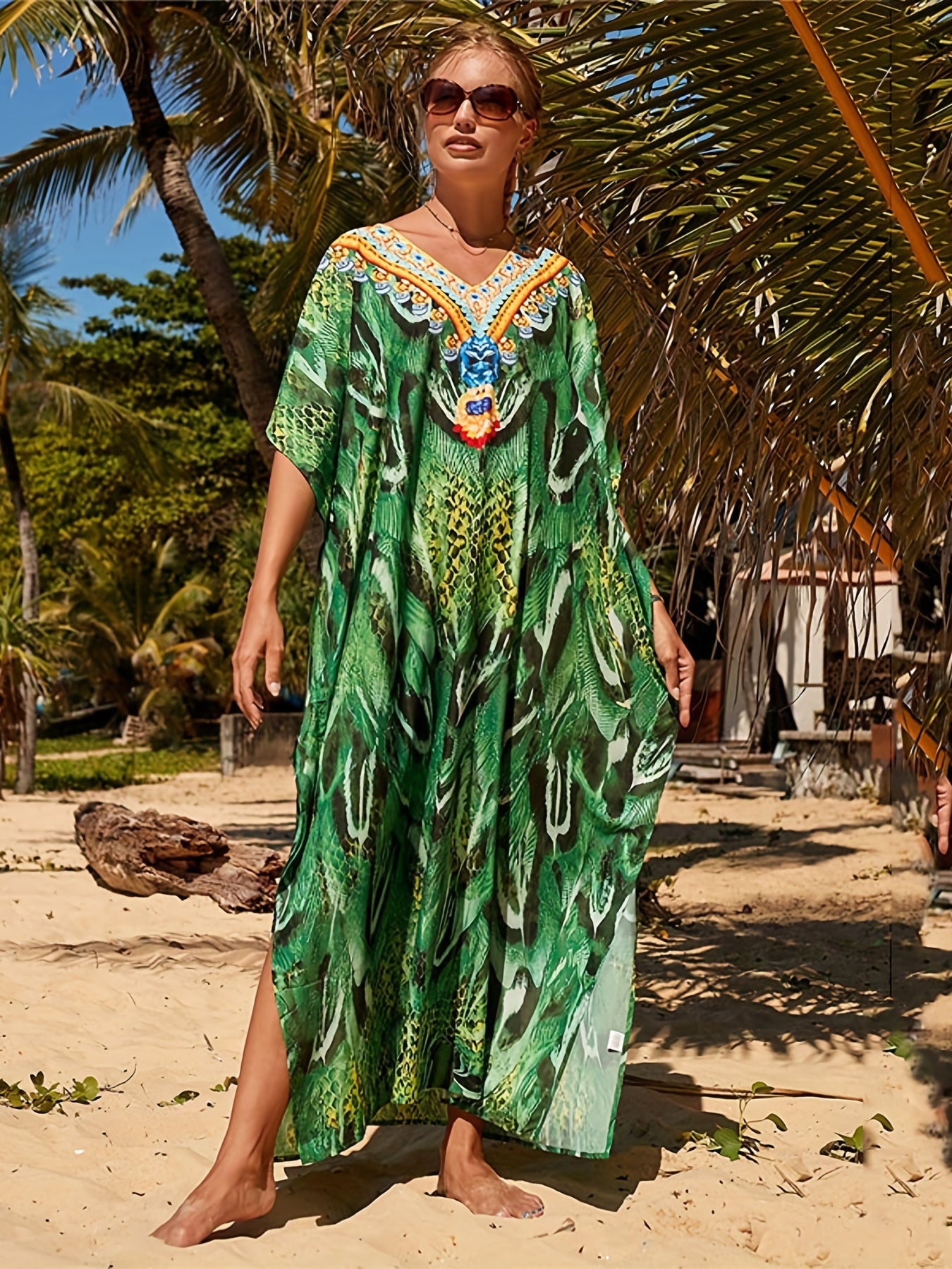 Plus Size Snake Print Boho Cover Up V Neck Beach Maxi Dress