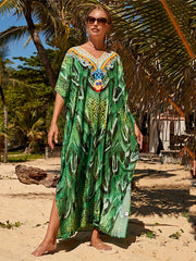 Plus Size Snake Print Boho Cover Up V Neck Beach Maxi Dress