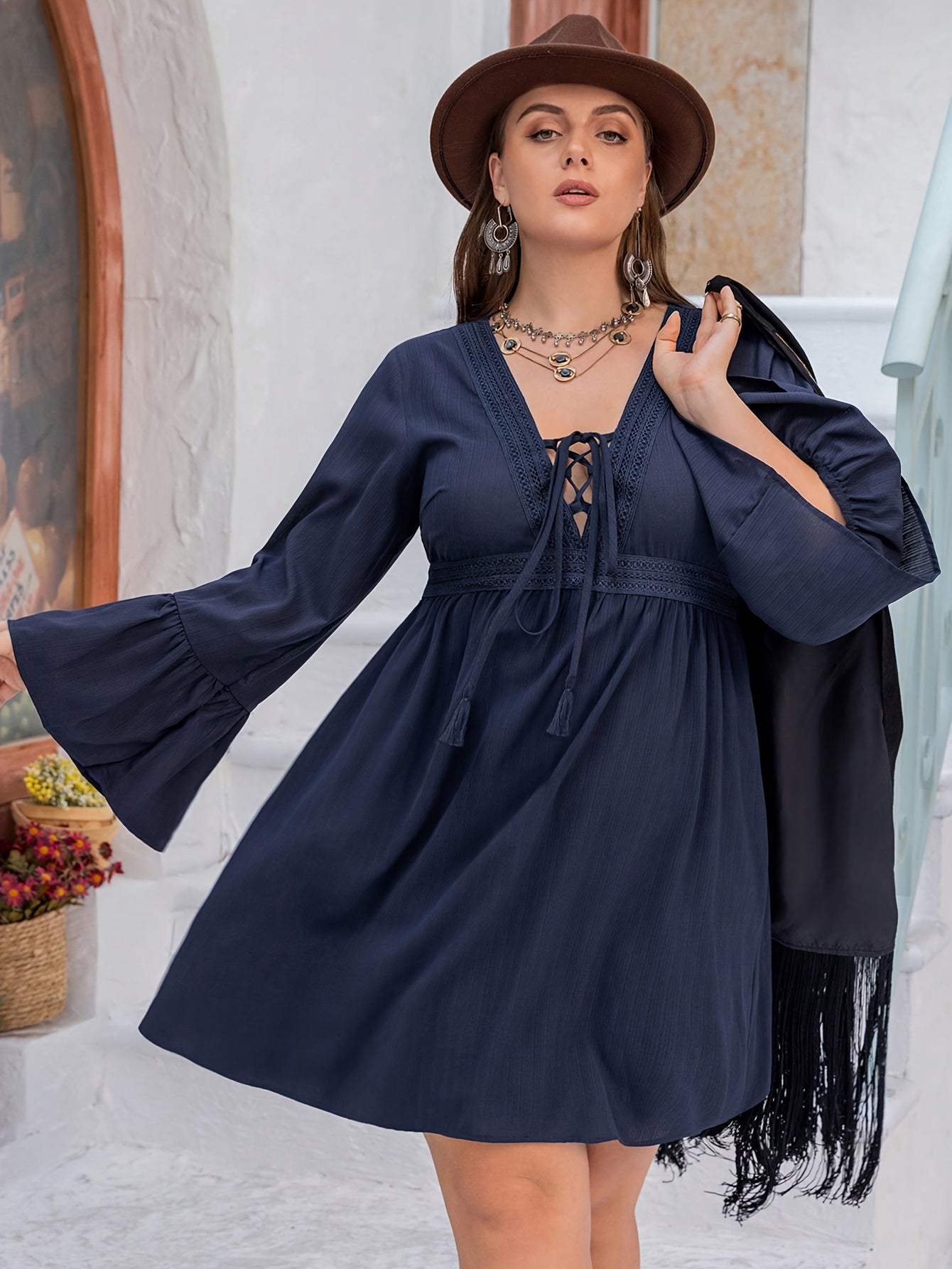 Bell Sleeve Lace Up Mini Dress
