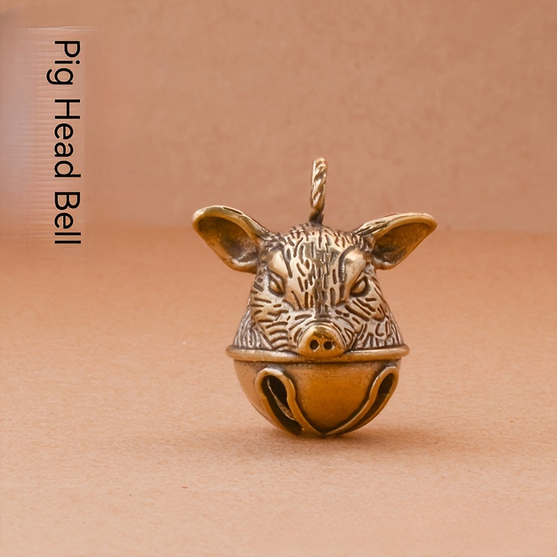 Brass Pig's Head Bell Keychain Lucky Zodiac Animal Pendant Gift