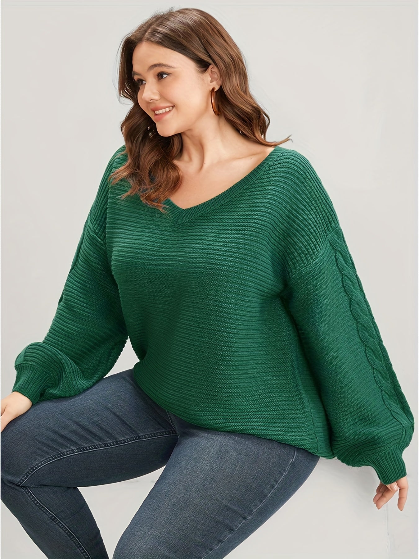 Plus Size Casual Sweater Women's Plus Solid Cable Lantern Sleeve V Neck Jumper