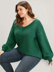 Plus Size Casual Sweater Women's Plus Solid Cable Lantern Sleeve V Neck Jumper
