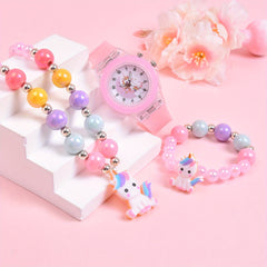 3pcs Girls' Magical Watch and Jewelry Set with Rainbow Beads Glowing Heart Charm