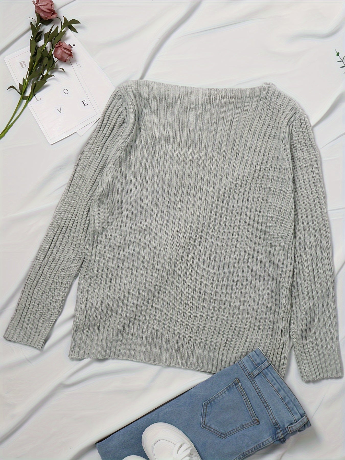 Casual Sweater Women's Plus Solid Ribbed Long Sleeve Irregular Neck