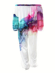 Marble Print Off Shoulder Lantern Sleeve Jumpsuit