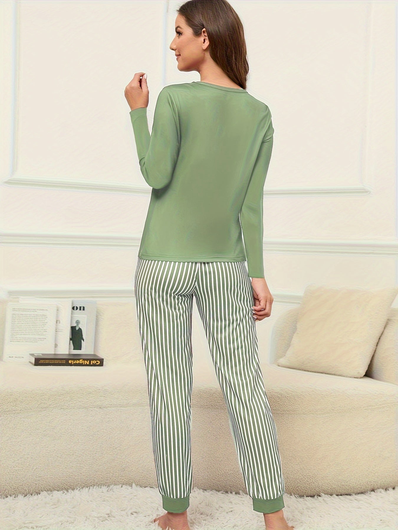 Women's Letter Print Lounge Set Long Sleeve Top & Striped Pants