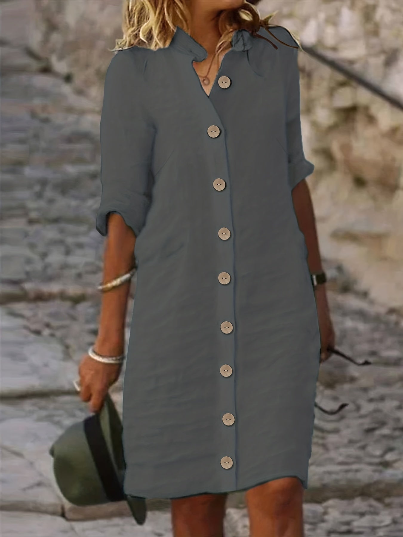 Solid Short Sleeve Button Up Shirt Dress