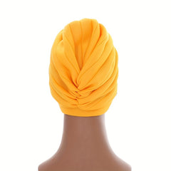 Yellow Rhinestone Decor Headwrap Pleated Turban Cap Bonnet Women Elastic
