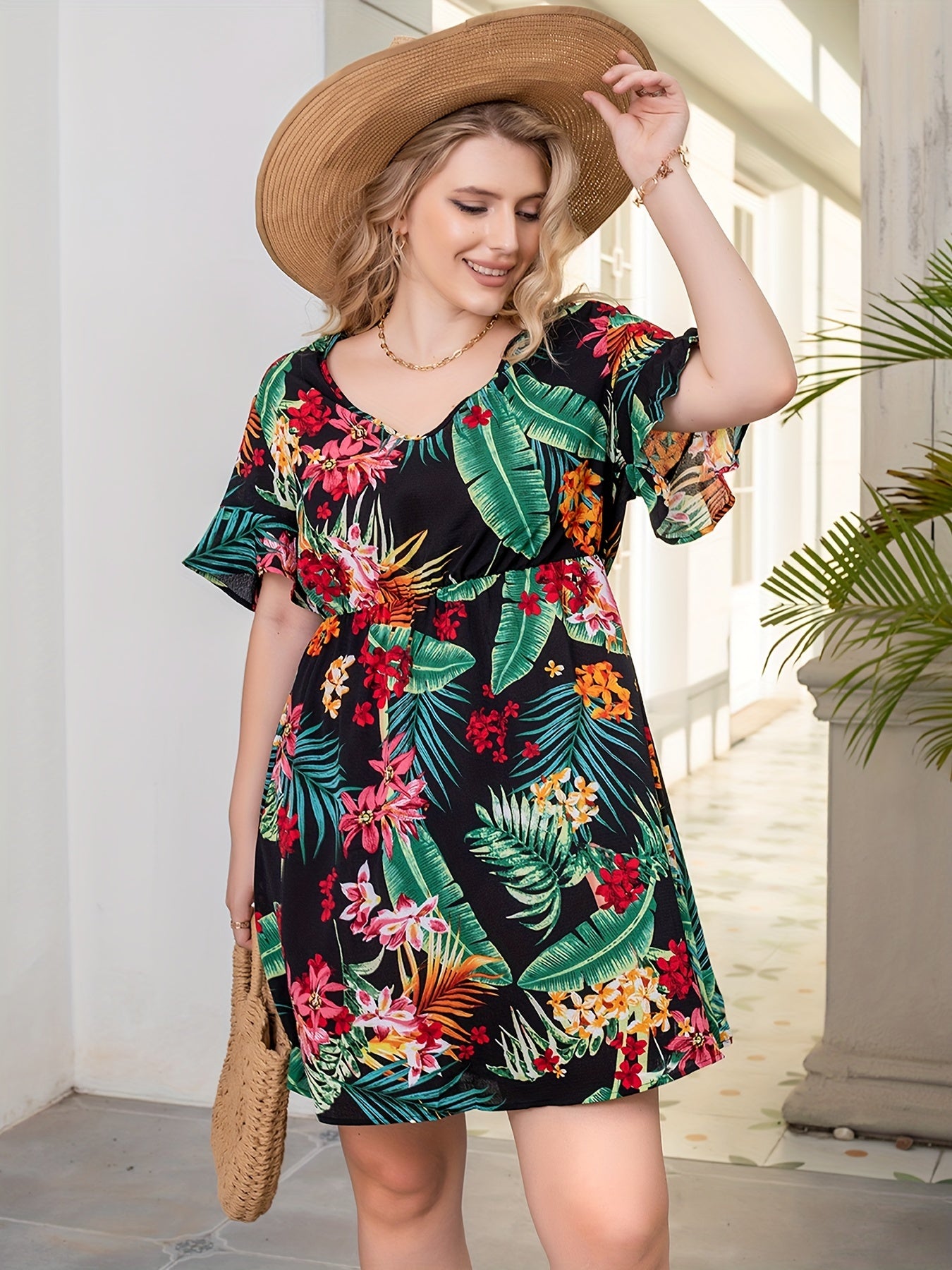 Women's Plus Tropical Print Ruffle Sleeve V Neck Dress