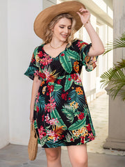 Women's Plus Tropical Print Ruffle Sleeve V Neck Dress