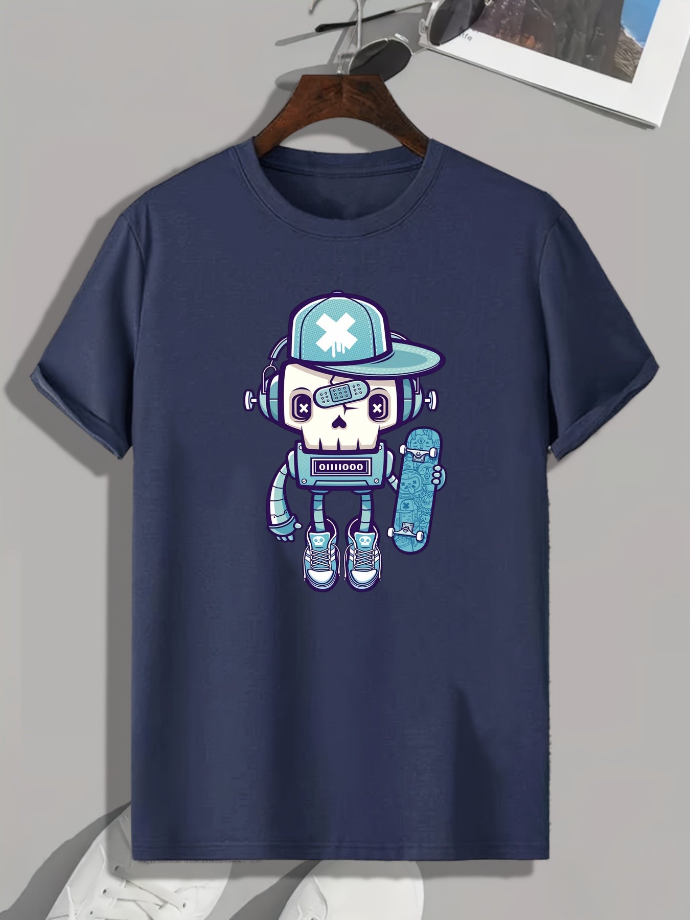 Cartoon Robot Pattern Print Men's Comfy Sports T-shirt Graphic Tee