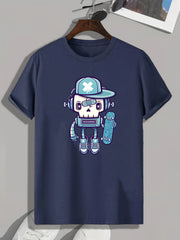 Cartoon Robot Pattern Print Men's Comfy Sports T-shirt Graphic Tee