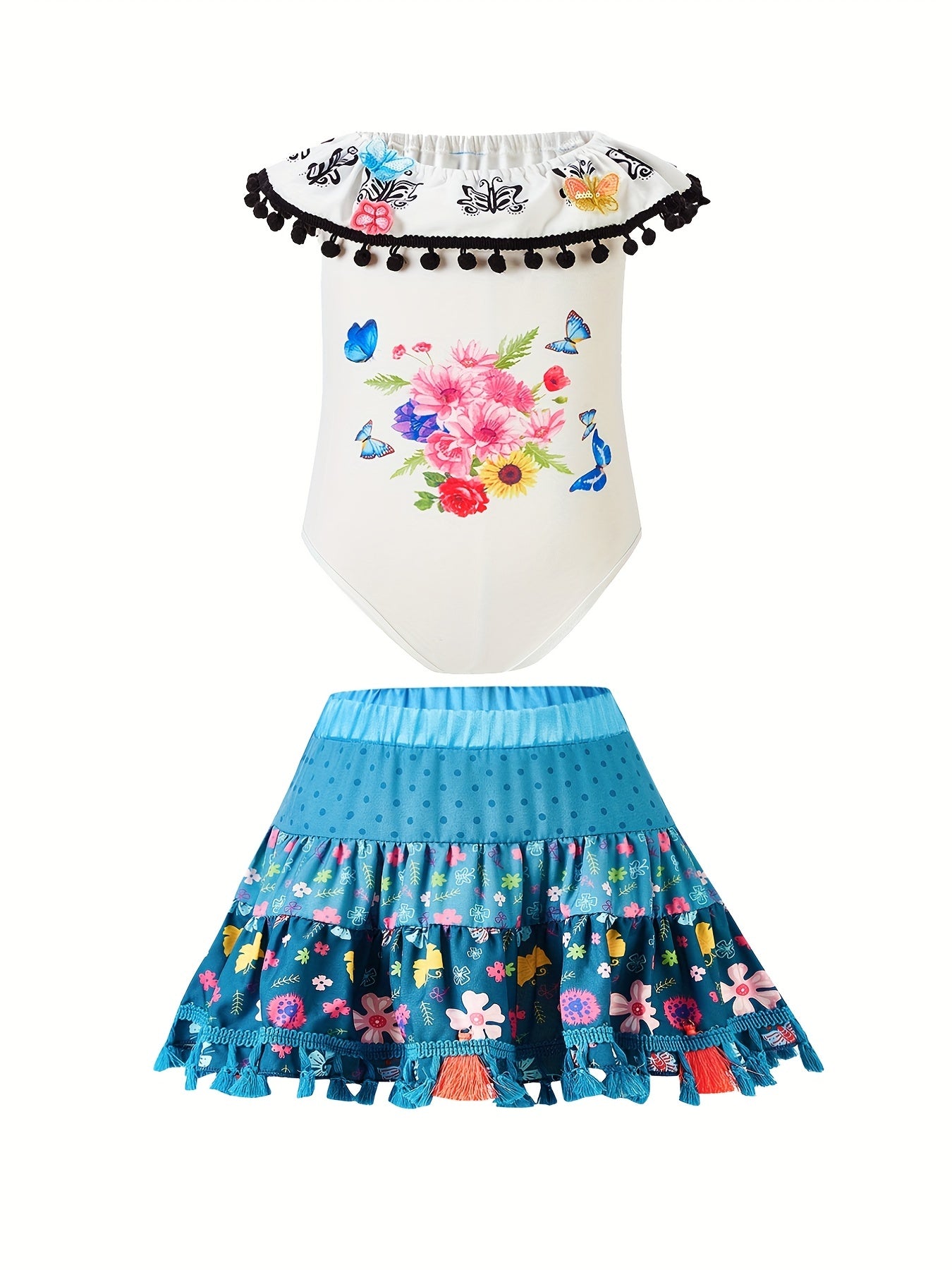Floral Puffy Skirt & Butterflies Romper Set