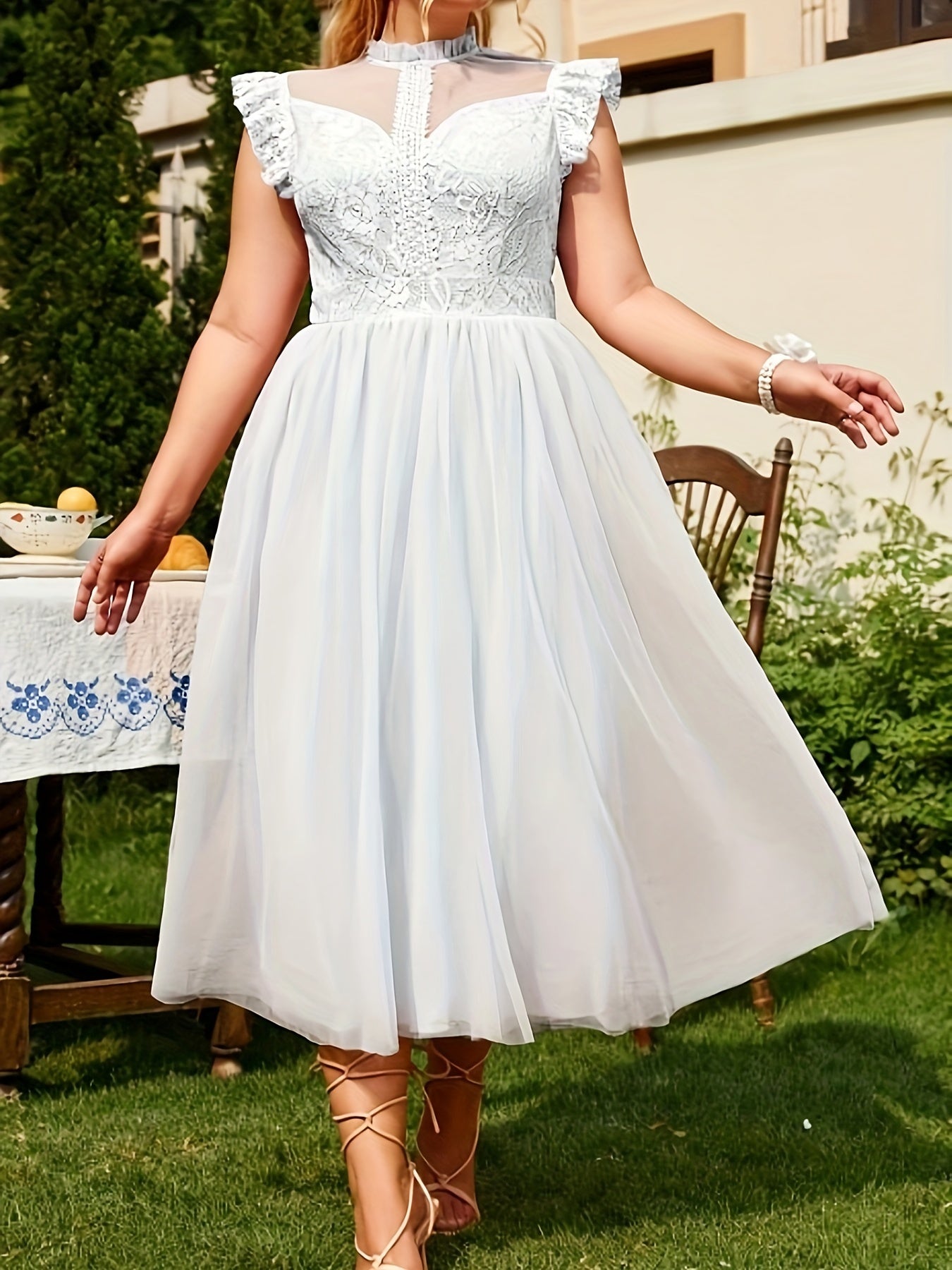 Contrast Lace Ruffle Trim Mesh Formal Party Dress
