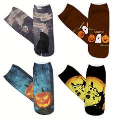 4 Pairs Pumpkin Print Socks Funny Halloween Low Cut Women's Stockings