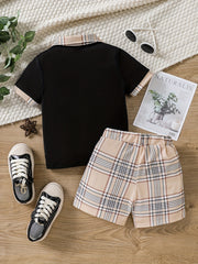 Boys Casual Outfit Polo Shirt & Plaid Shorts For Summer Kids