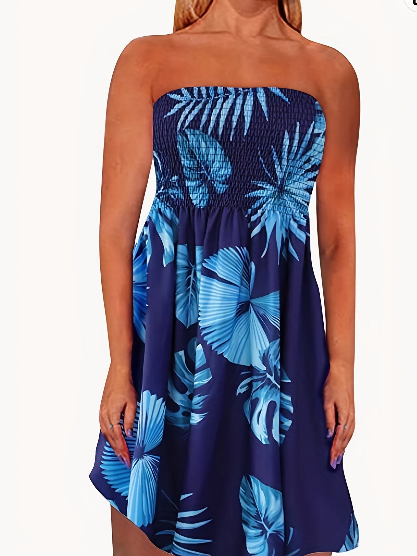 Tropical Print Tube Dress Off Shoulder Midi Dress Women's Clothing