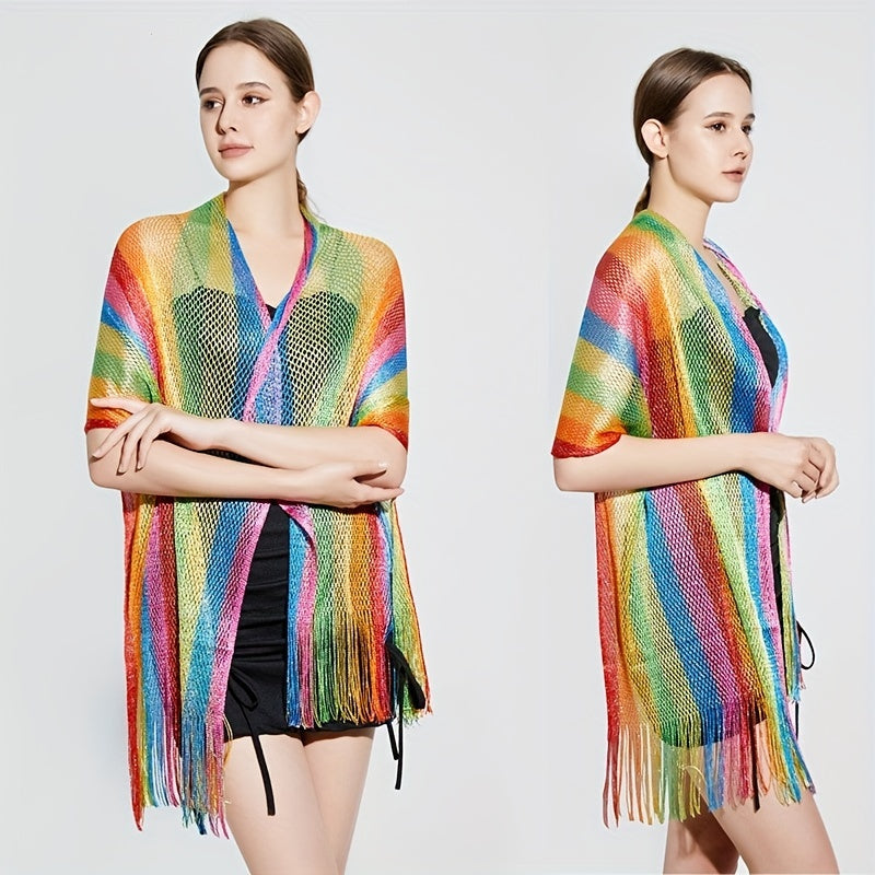 Rainbow Tassel Shawl Bikini Cover Up Sunproof Cape