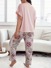 Pajama Set Short Sleeve Tee & Floral Print Pants Two Piece