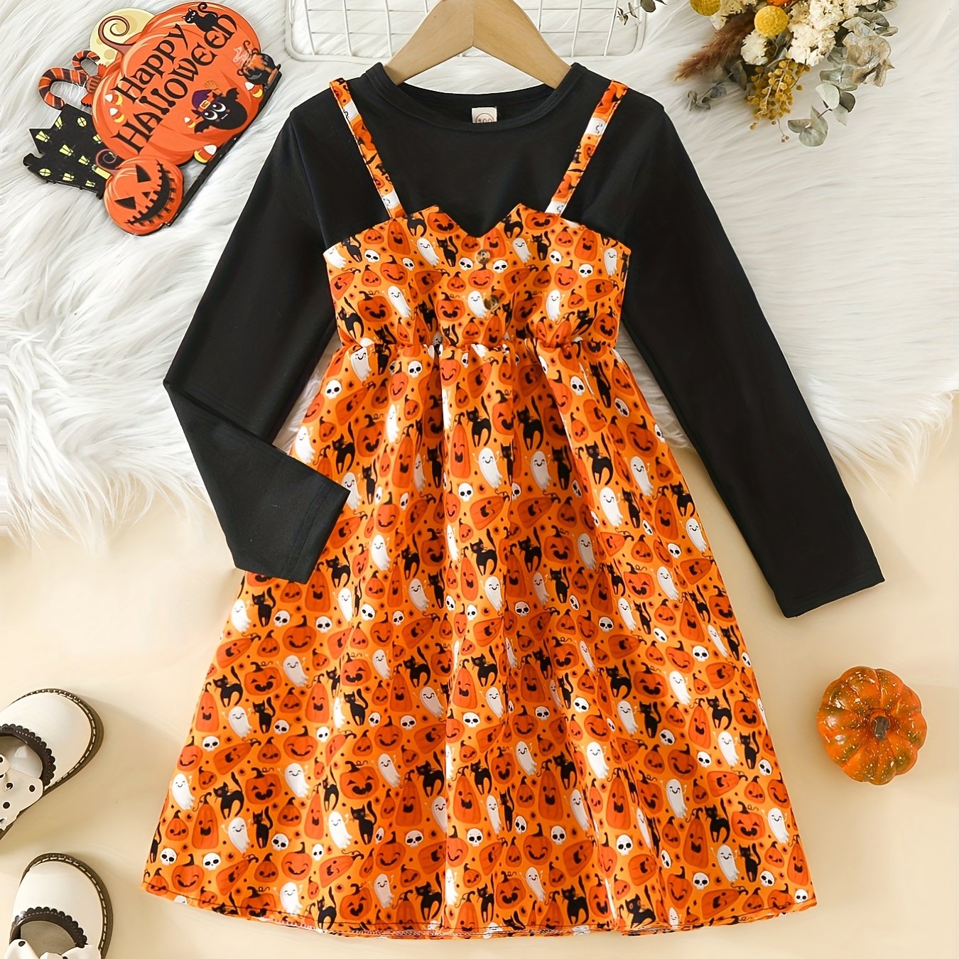Girls' Halloween Ghosts Long Sleeve Dress