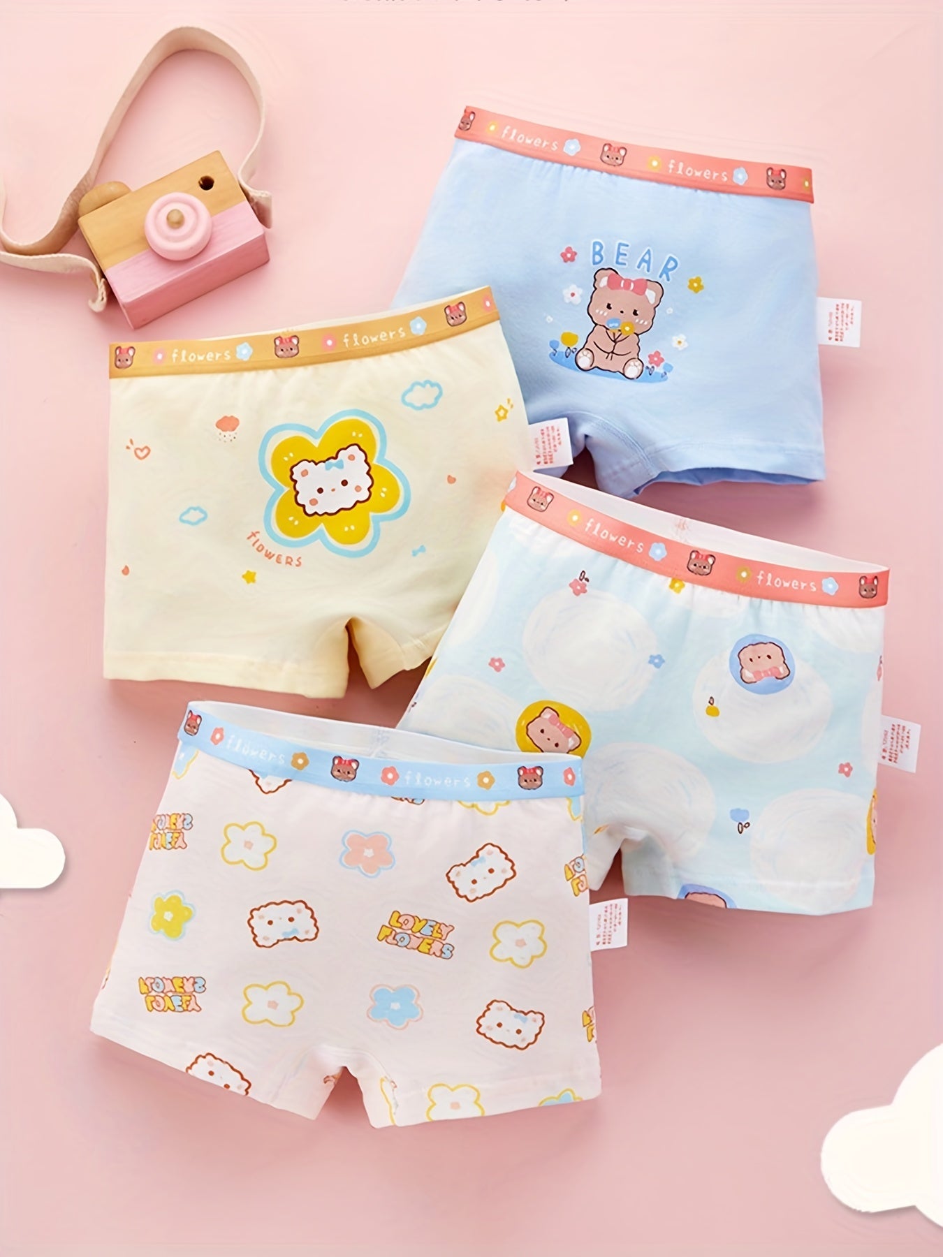 4pcs Girl's Boxer Briefs Cartoon Print Elastic Waist Underwear 95% Cotton