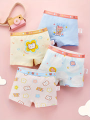 4pcs Girl's Boxer Briefs Cartoon Print Elastic Waist Underwear 95% Cotton
