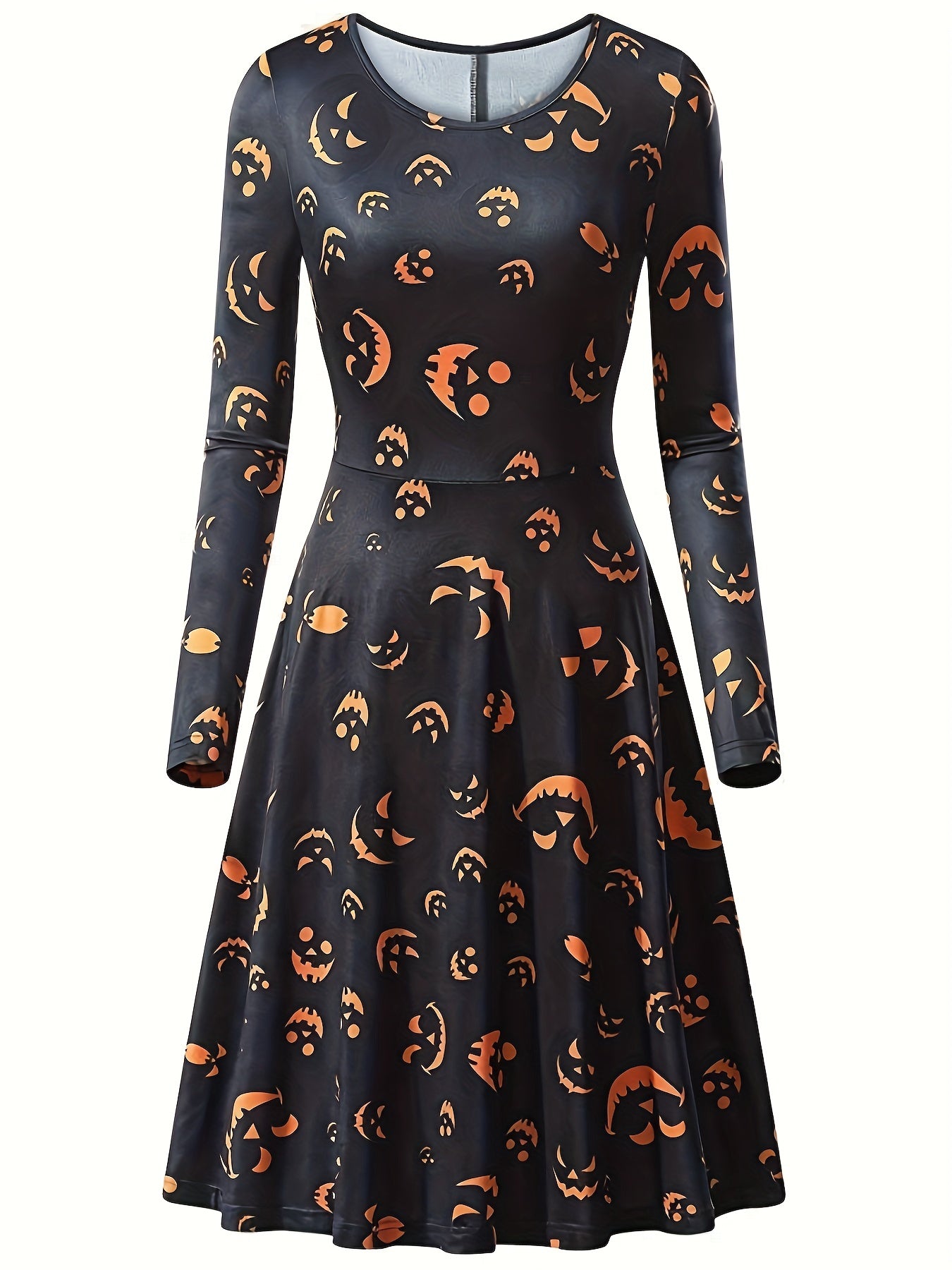 Women's Plus Allover Print Long Sleeve Round Neck A line Dress