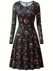 Women's Plus Allover Print Long Sleeve Round Neck A line Dress