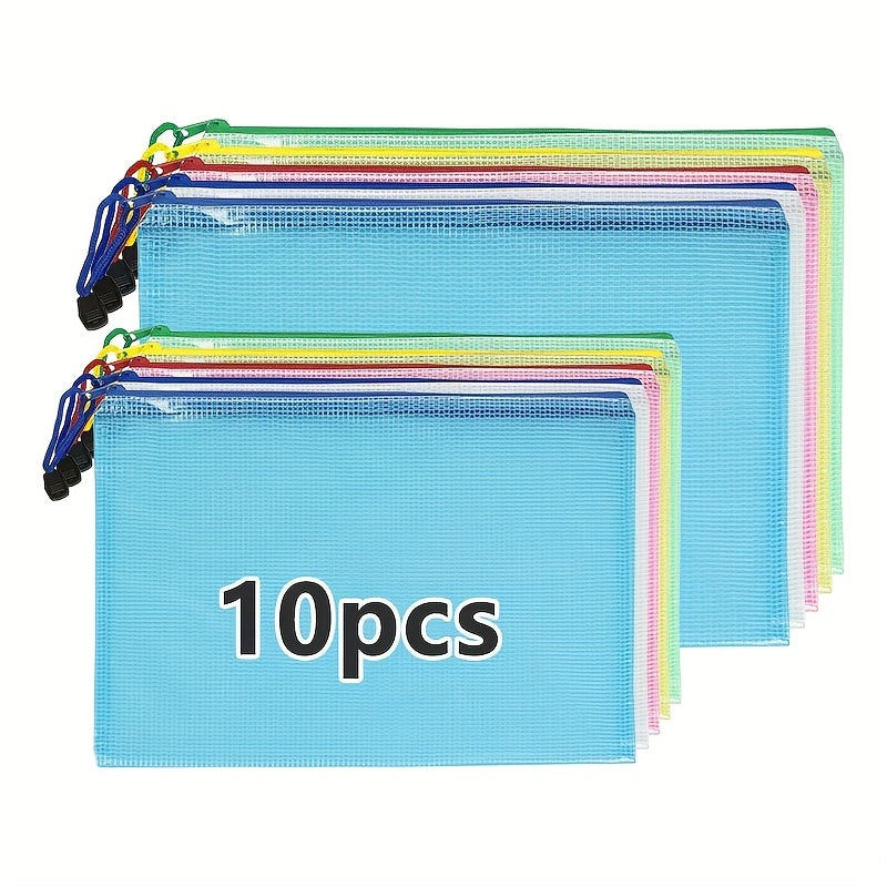 10pcs Mixed A4 & A5 Mesh Zip File Bags for School & Office Supplies