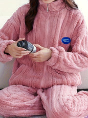 Plush Pajamas Soft & Warm Zip Top & Pants Women's Sleepwear