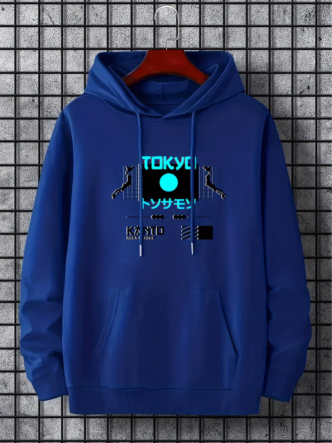 Japanese Tokyo Print Men's Round Neck Hooded Sweatshirt for Autumn Winter