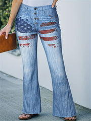 American Flag Star Stripes Print Flare Leg Jeans