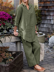 Women's Plus Solid Long Sleeve Shirt & Pants Outfit Set