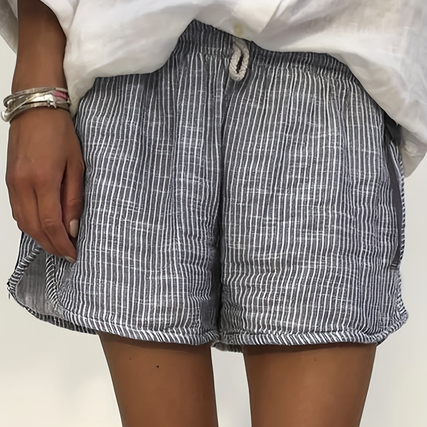 Women's Plus Stripe Print Rhinestone Drawstring Loose Shorts
