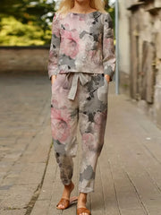Women's Plus Floral Print Round Neck Top & Drawstring Pants Set