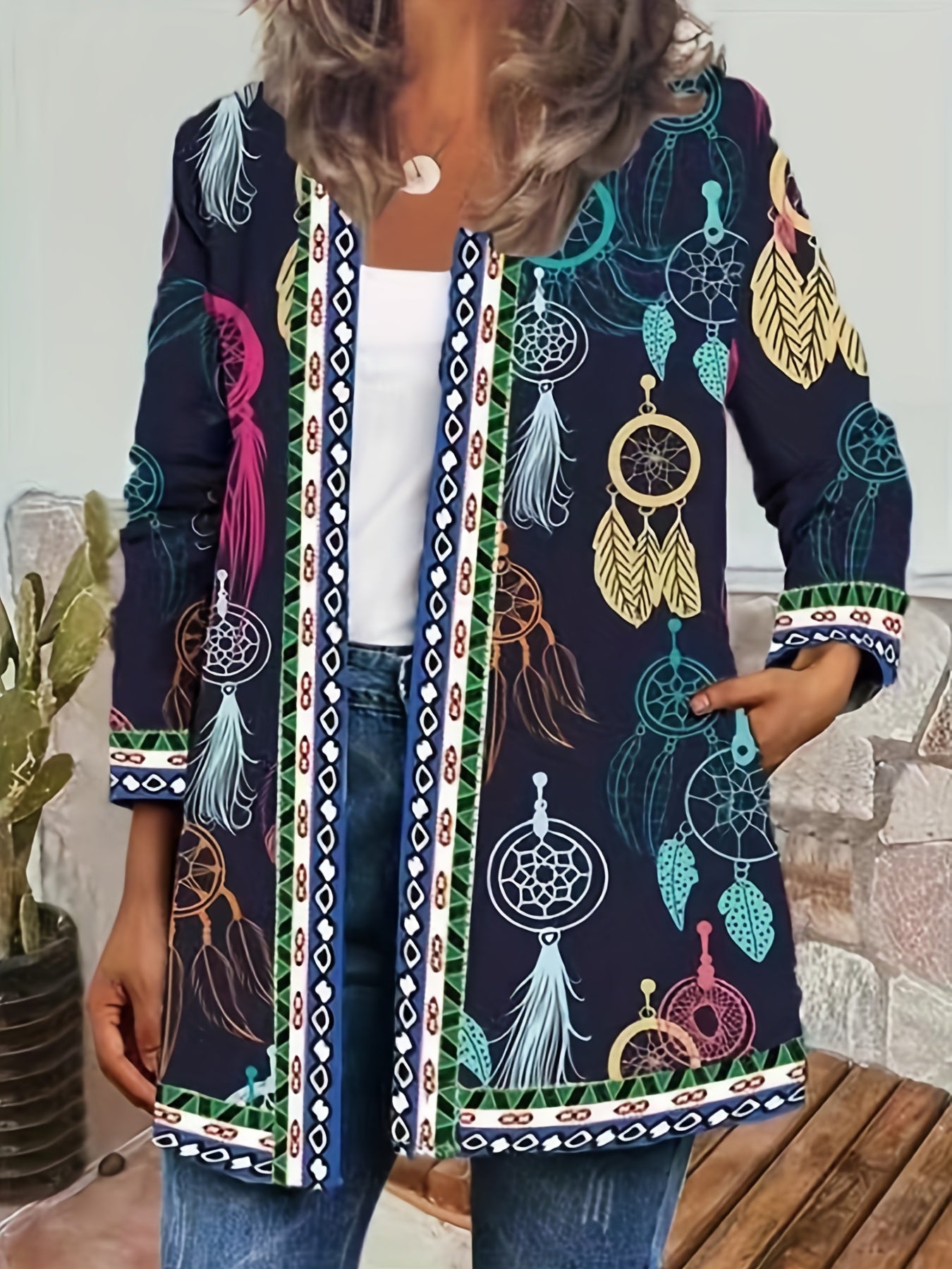 Floral Print Open Front Jacket Long Sleeve Casual Jacket for Fall & Winter