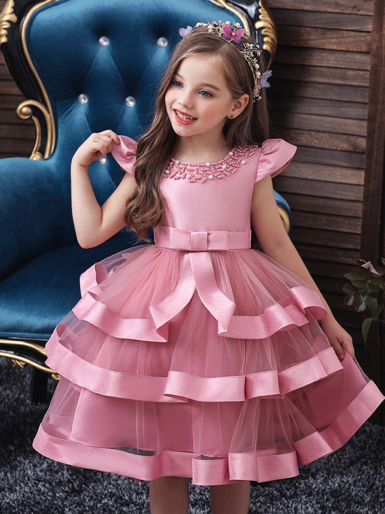 Girls Mesh Princess Dress Fly Sleeve Bow Belt Layer Dress