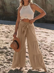 Smocked Waist Wide Leg Pants High Waist Casual Tiered