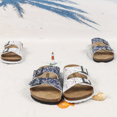 Women's Floral Print Cork Footbed Sandals Slides Double Buckle Flat Slippers