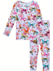 Girl's Butterfly Allover Print Pajama Set, Long Sleeve Top & Pants