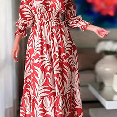 Women's Plus Floral Print Lantern Sleeve V Neck Smock Dress