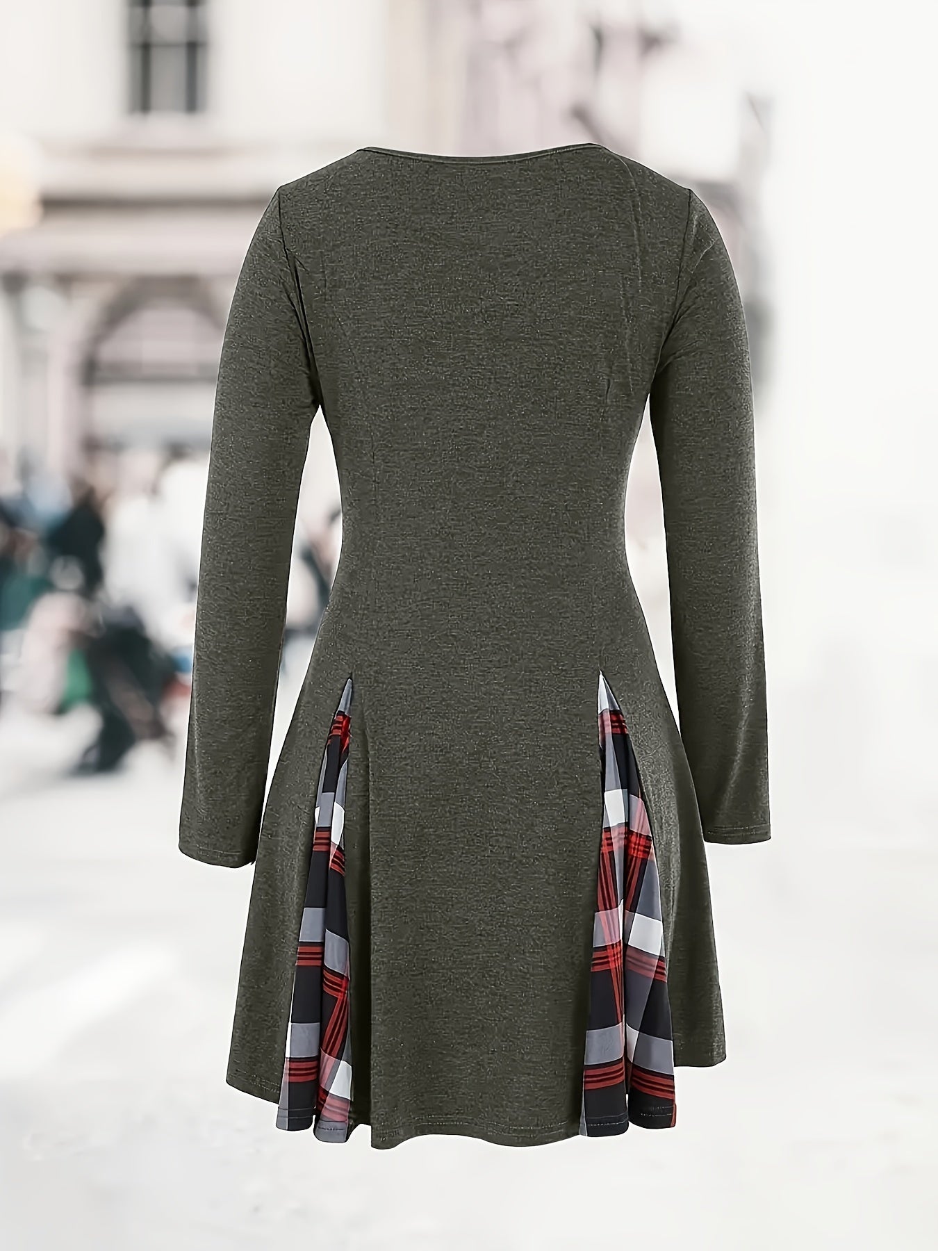 Colorblock Plaid Print Long Sleeve Dress
