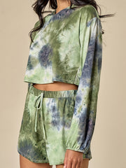 Women's Plus Tie Dye Hooded Crop Sweatshirt & Shorts Set