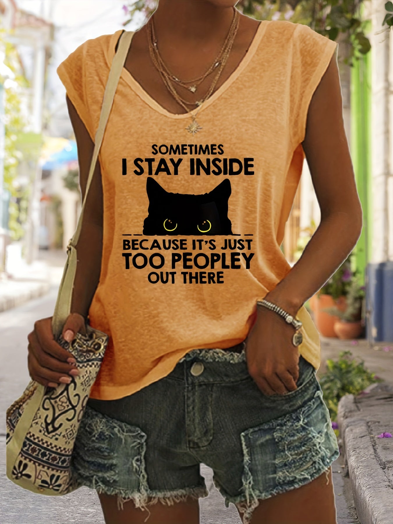 Cartoon Cat Print Tank Top V Neck Casual Top for Women