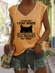 Cartoon Cat Print Tank Top V Neck Casual Top for Women