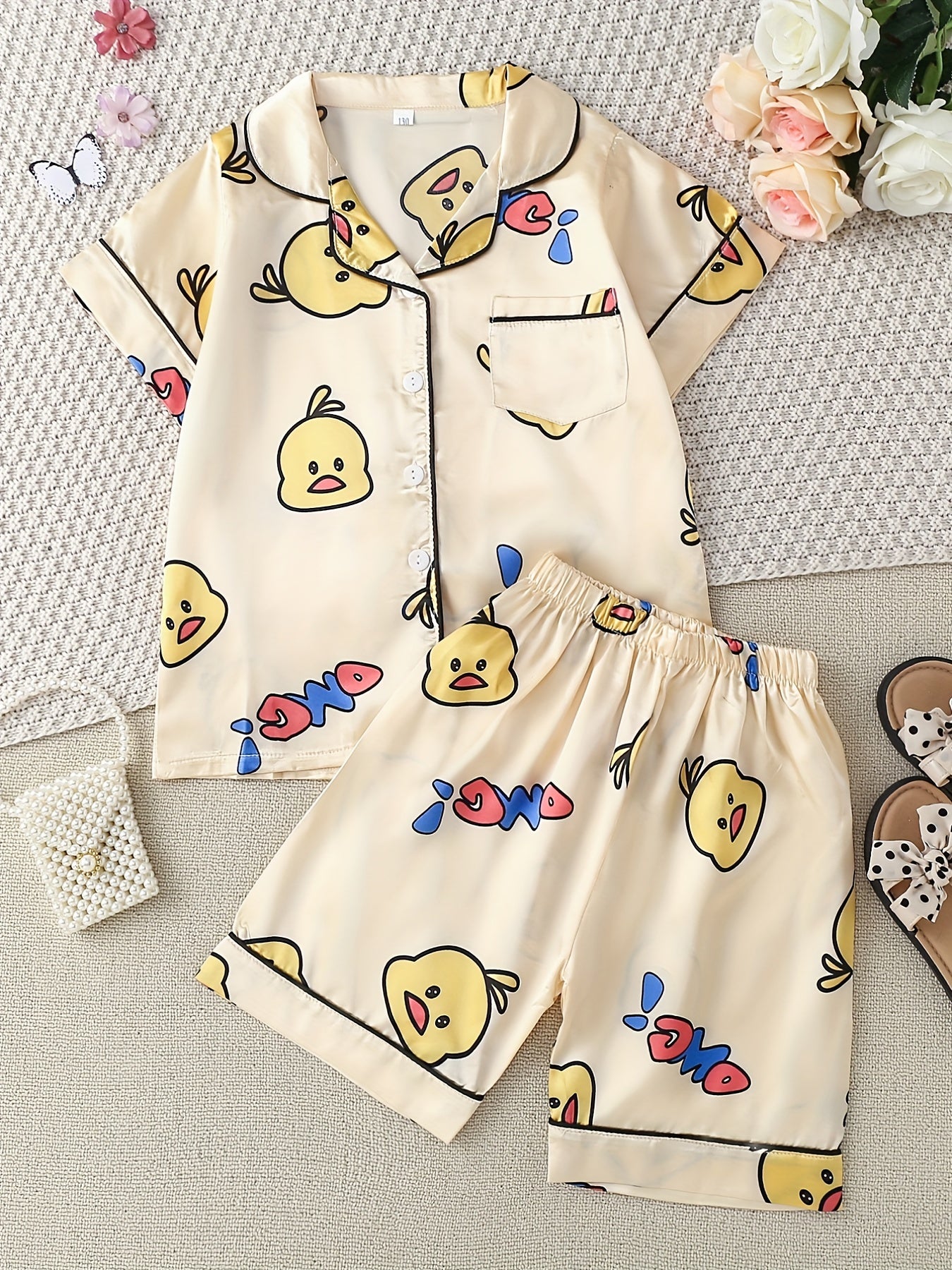 Girls Duck Print Button Down Top & Shorts Set Comfortable Loungewear