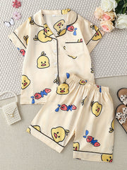 Girls Duck Print Button Down Top & Shorts Set Comfortable Loungewear