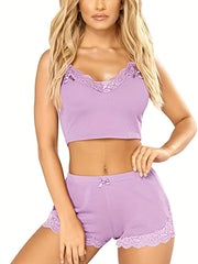 Lace Pajama Set V Neck Cami Top & Shorts Sleepwear